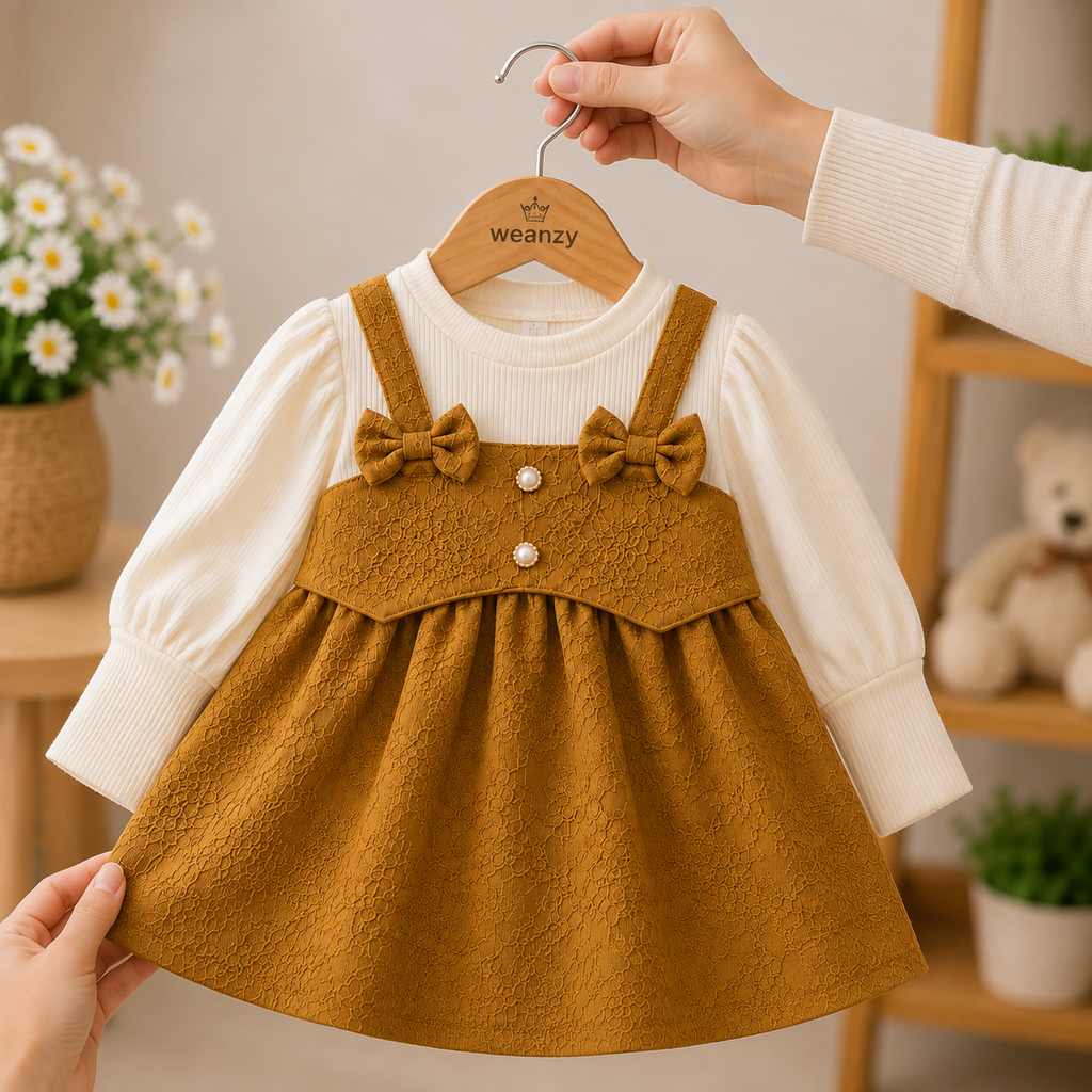 Mustard bow suspender dress set styled on white table