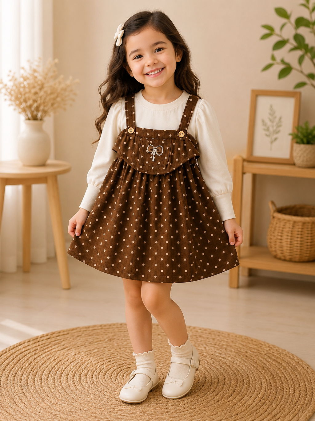 Brown polka dot suspender dress set on Weanzy hanger