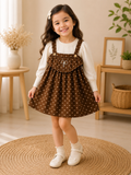 Brown polka dot suspender dress set on Weanzy hanger