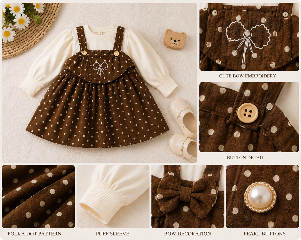 Brown polka dot dress set detail — bow embroidery, buttons and fabric