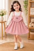 Pink polka dot suspender dress set on Weanzy hanger