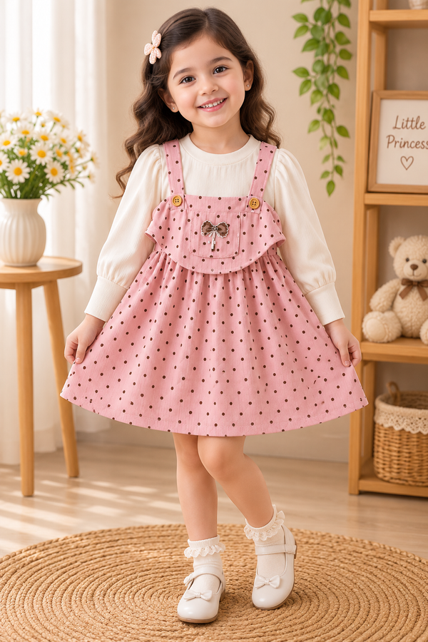 Pink polka dot suspender dress set on Weanzy hanger