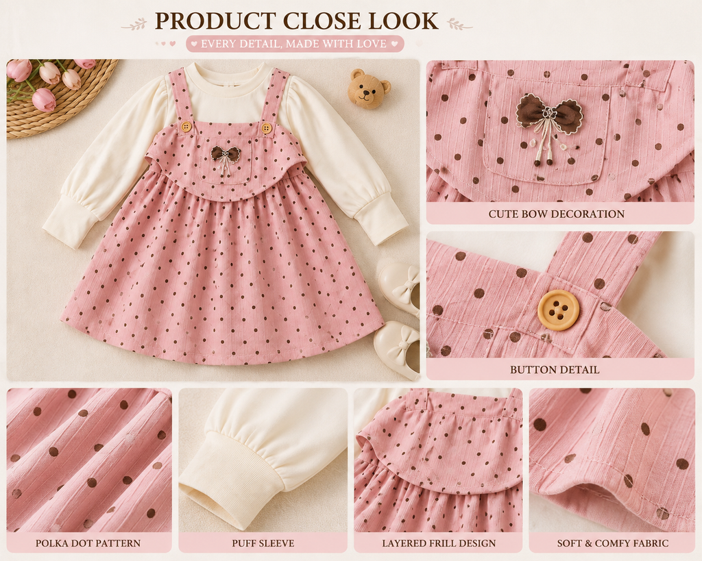 Pink polka dot dress set product close look details