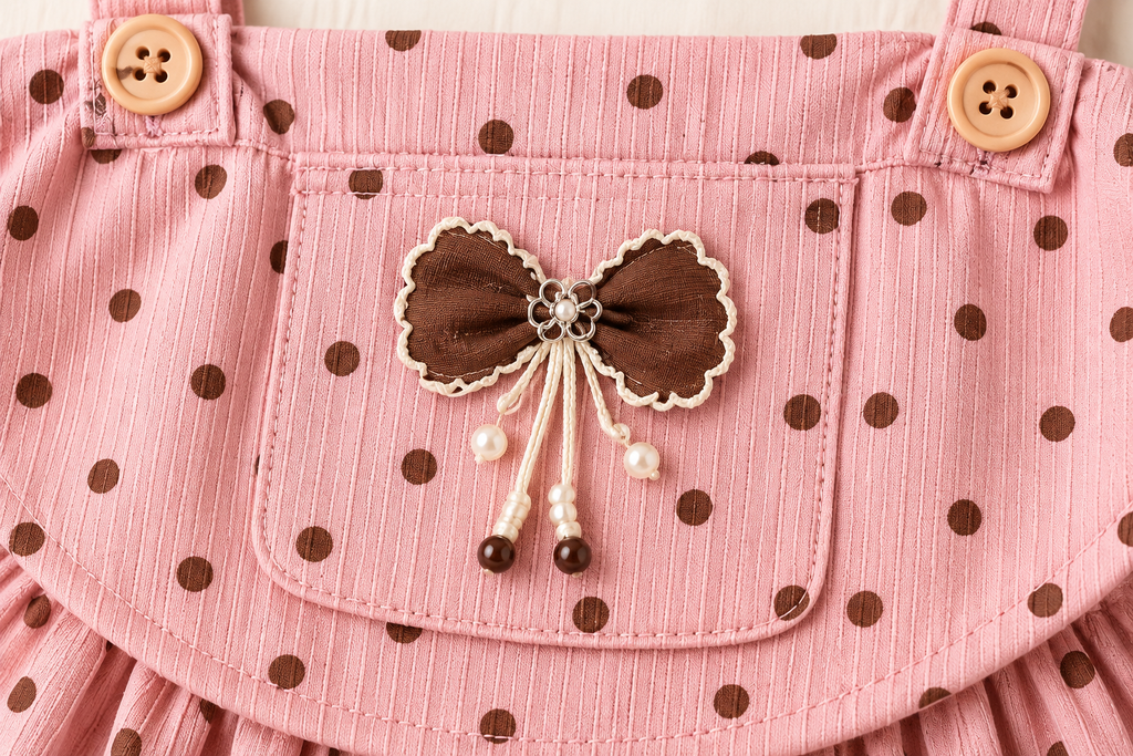 Pink polka dot dress set bow decoration and button detail close-up