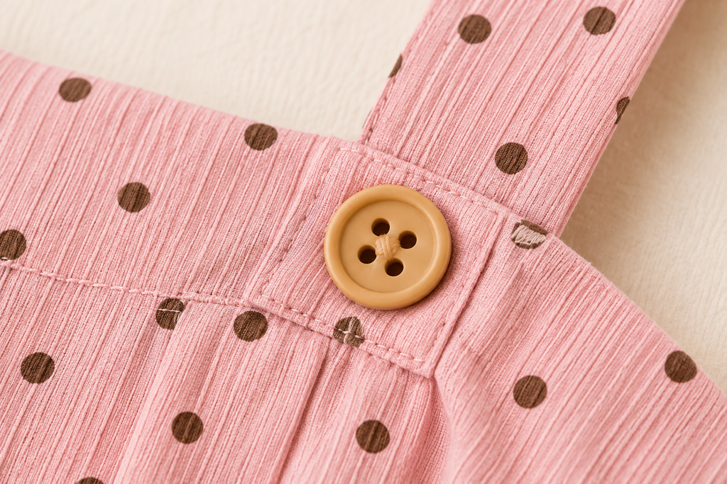 Pink polka dot dress strap and wooden button close-up