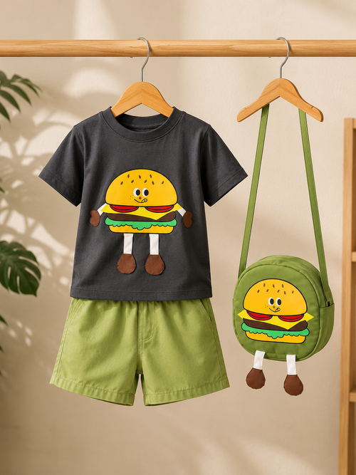 Burger print t-shirt and olive green shorts with burger sling bag on hanger