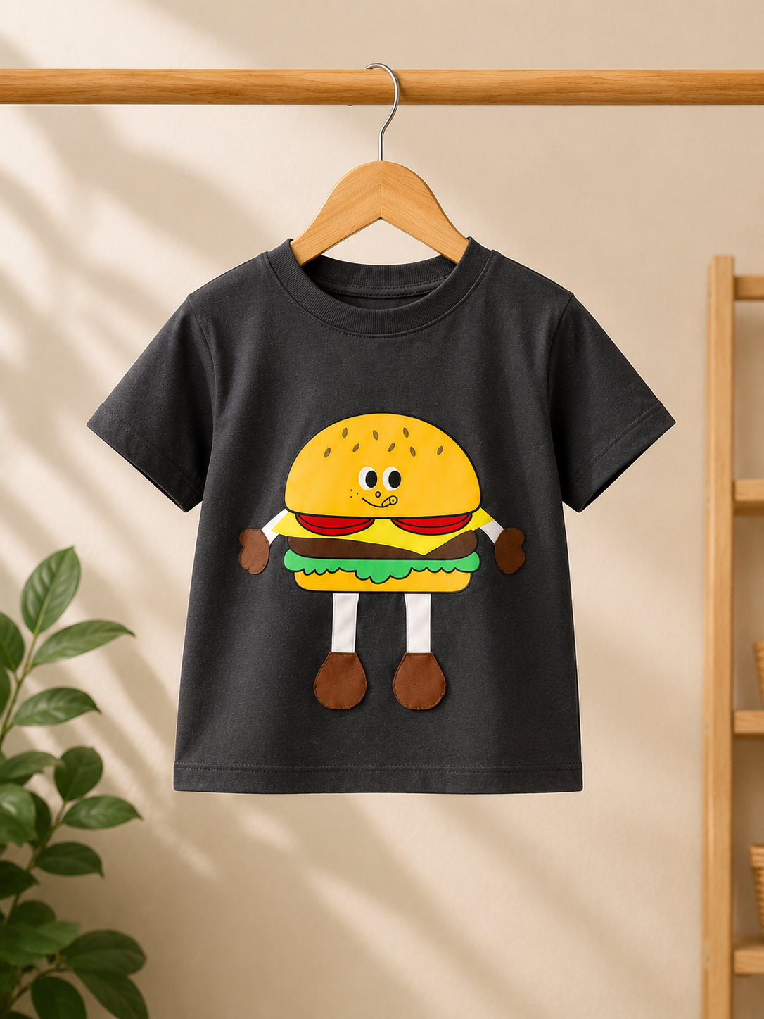Boys charcoal grey burger print t-shirt on hanger