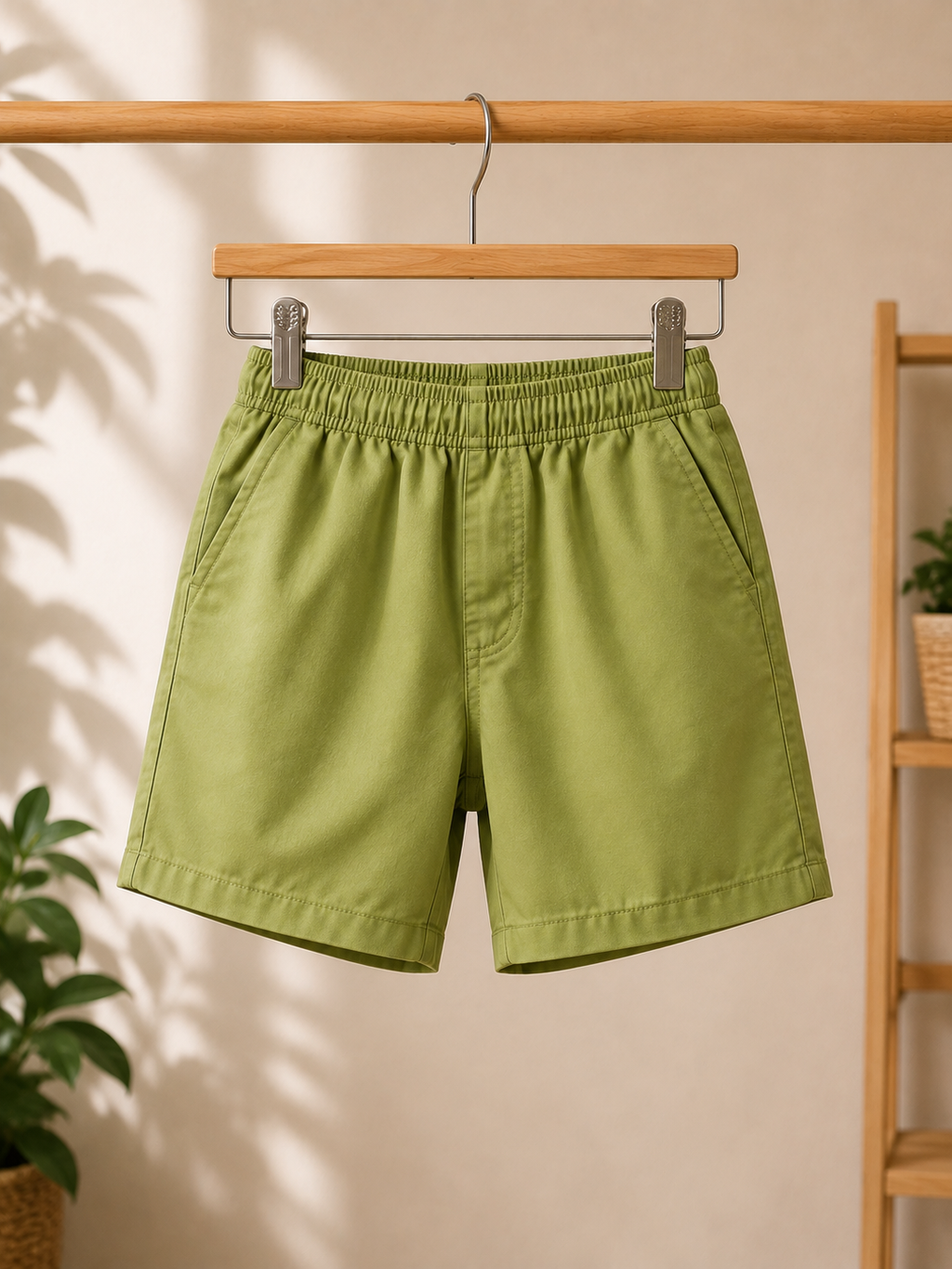 Boys olive green shorts on hanger
