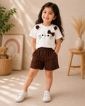 Girls Cute Cat Leopard Print T-Shirt & Shorts Set