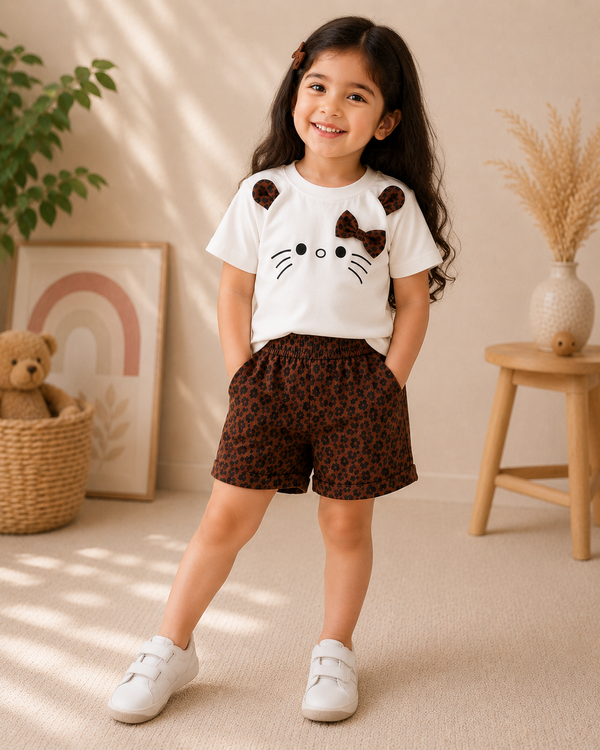 Girls Cute Cat Leopard Print T-Shirt & Shorts Set