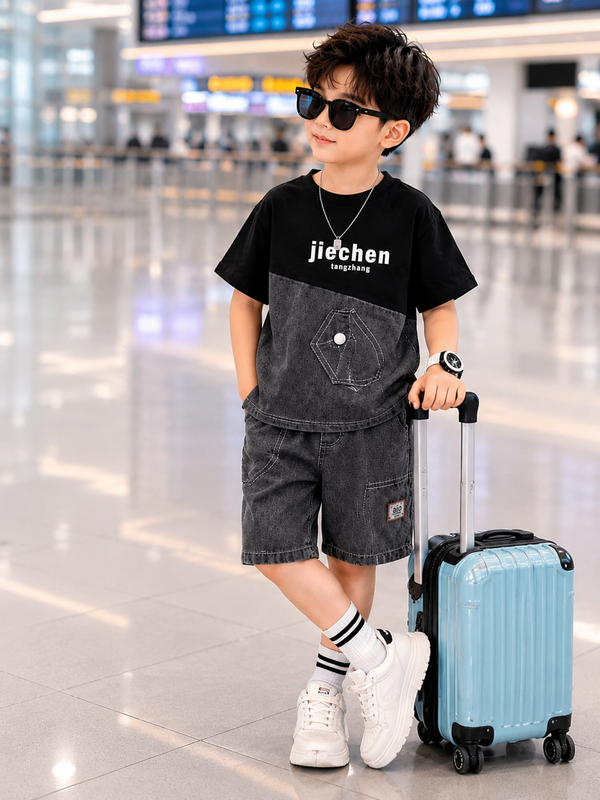 Boys Black Denim Graphic T-Shirt & Shorts Set