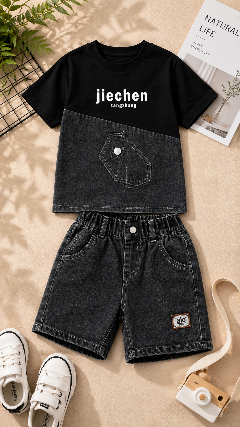 Boys Black Denim Graphic T-Shirt & Shorts Set