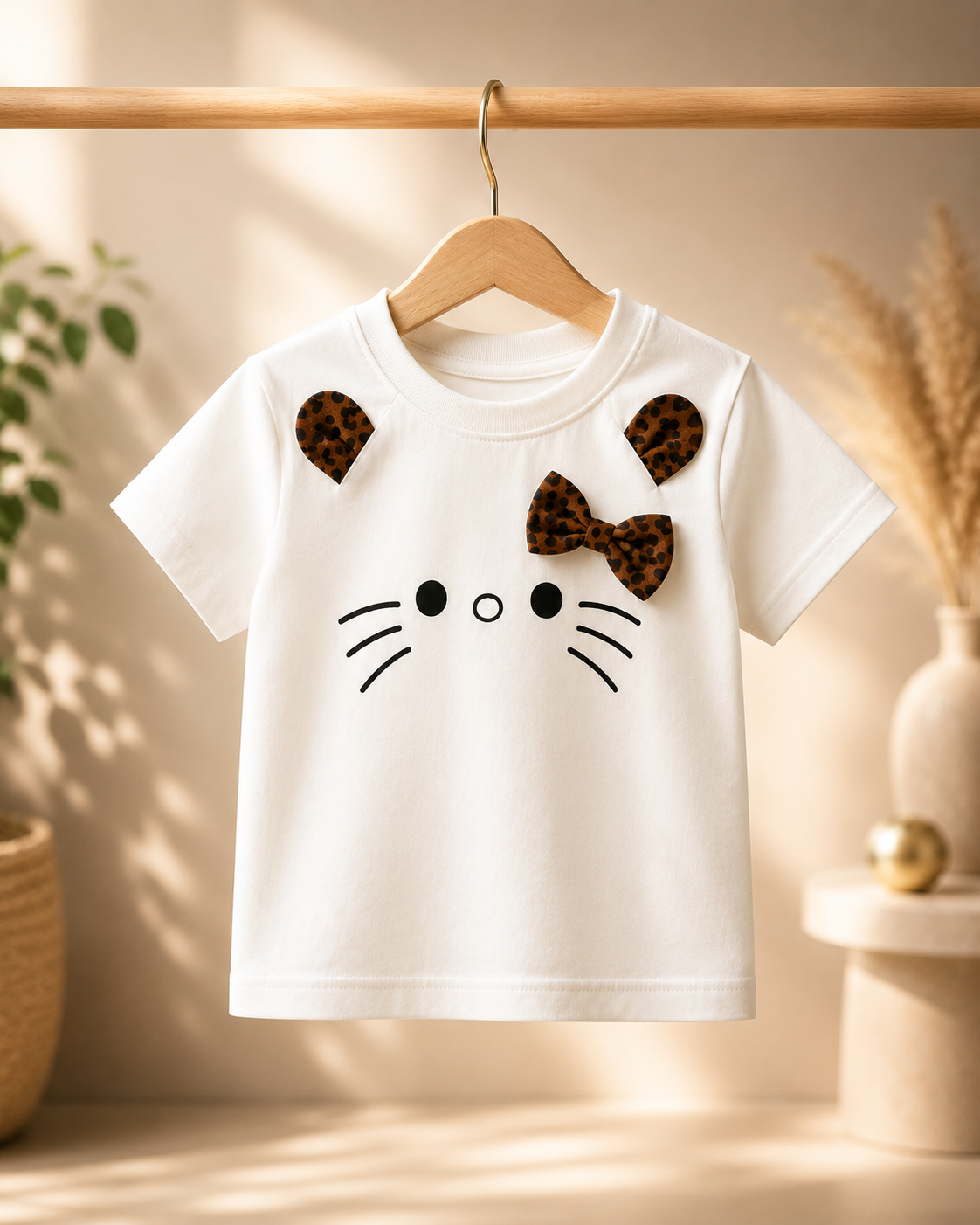 Girls Cute Cat Leopard Print T-Shirt & Shorts Set
