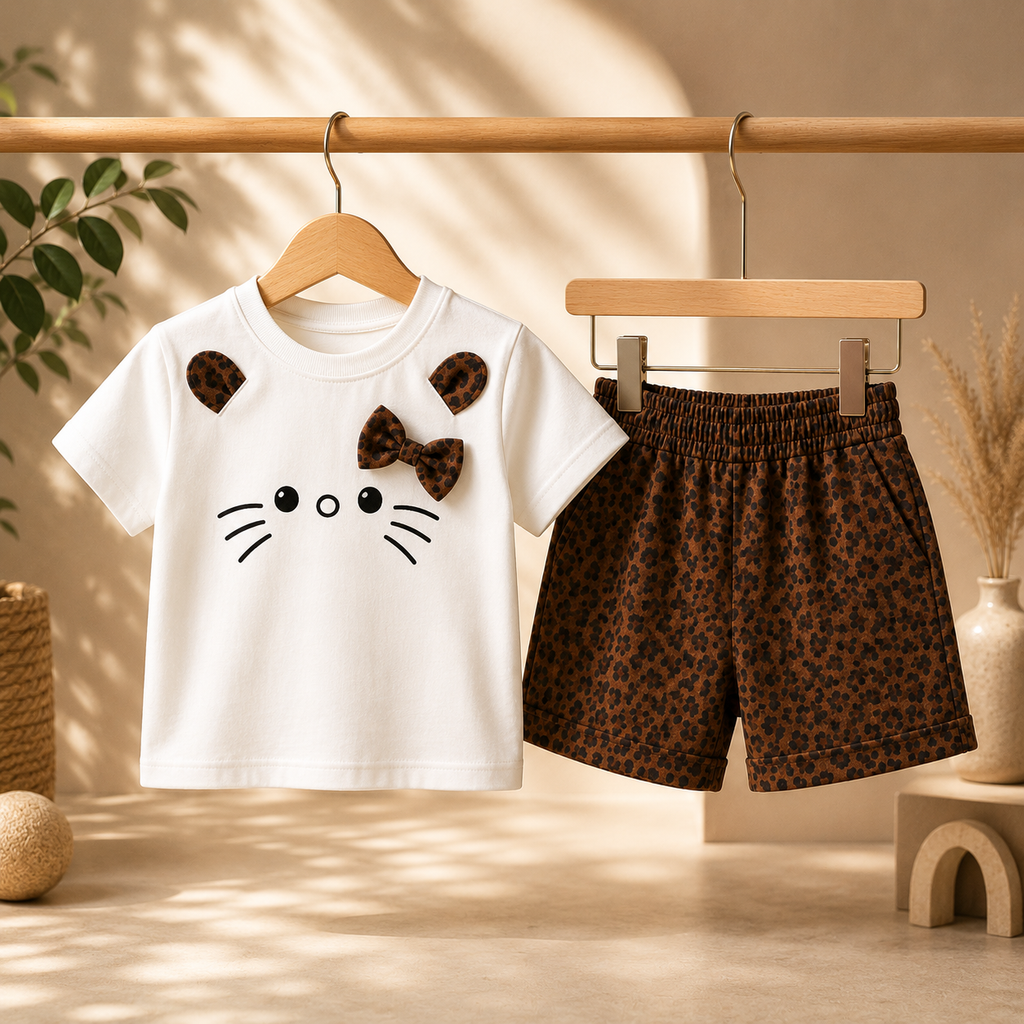 Girls Cute Cat Leopard Print T-Shirt & Shorts Set