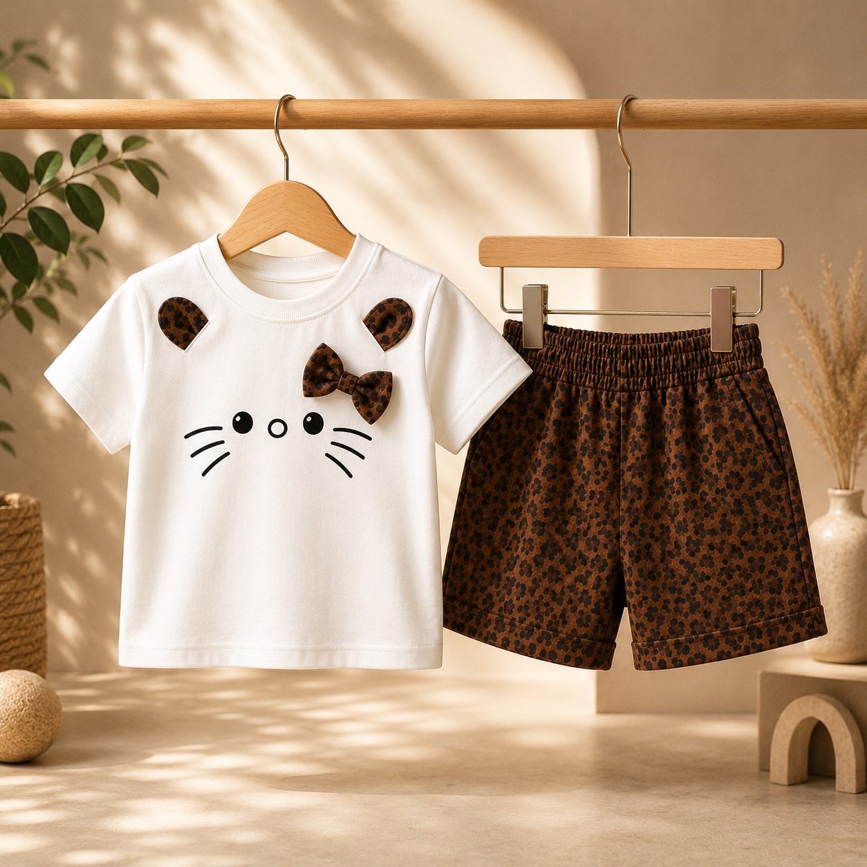 Girls Cute Cat Leopard Print T-Shirt & Shorts Set