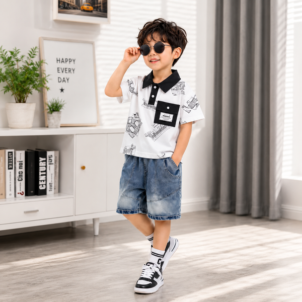 Boys Graphic Polo T-Shirt & Denim Shorts Set