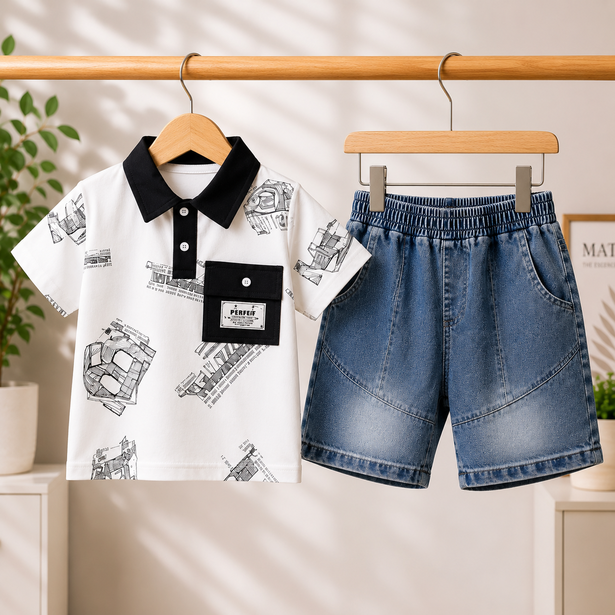 Boys Graphic Polo T-Shirt & Denim Shorts Set