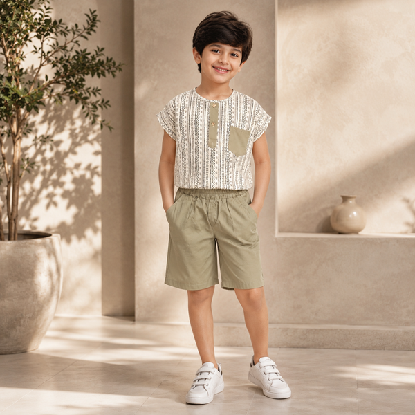 Boys Ethnic Print Shirt & Olive Shorts Set