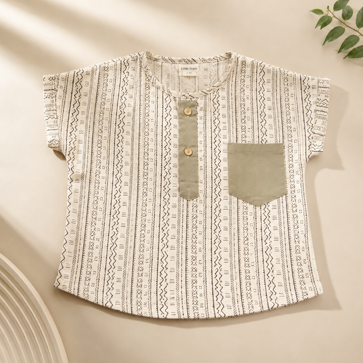 Boys Ethnic Print Shirt & Olive Shorts Set