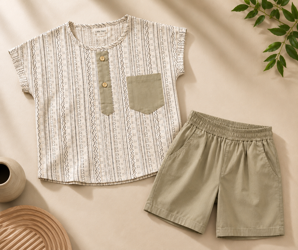 Boys Ethnic Print Shirt & Olive Shorts Set
