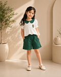Girls Peter Pan Collar Top & Green Shorts Set