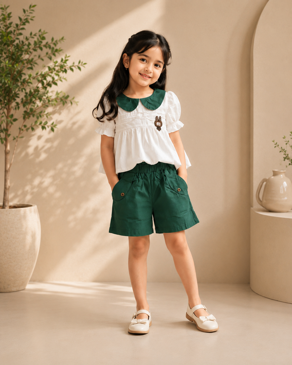 Girls Peter Pan Collar Top & Green Shorts Set