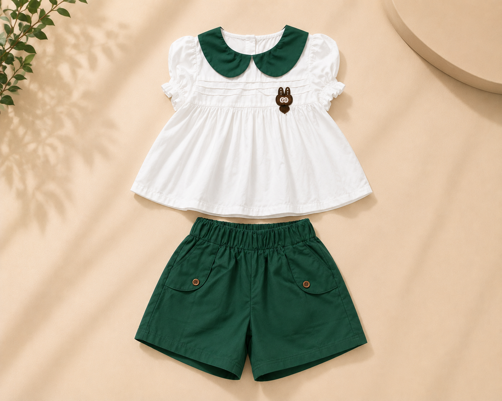 Girls Peter Pan Collar Top & Green Shorts Set