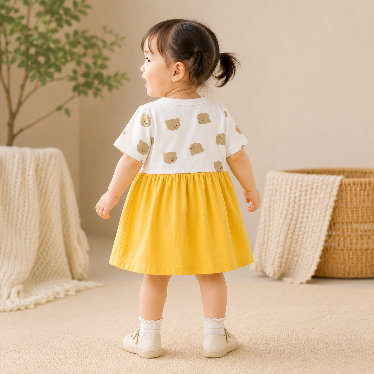 Girls Bear Print T-Shirt & Yellow Dungaree Dress Set
