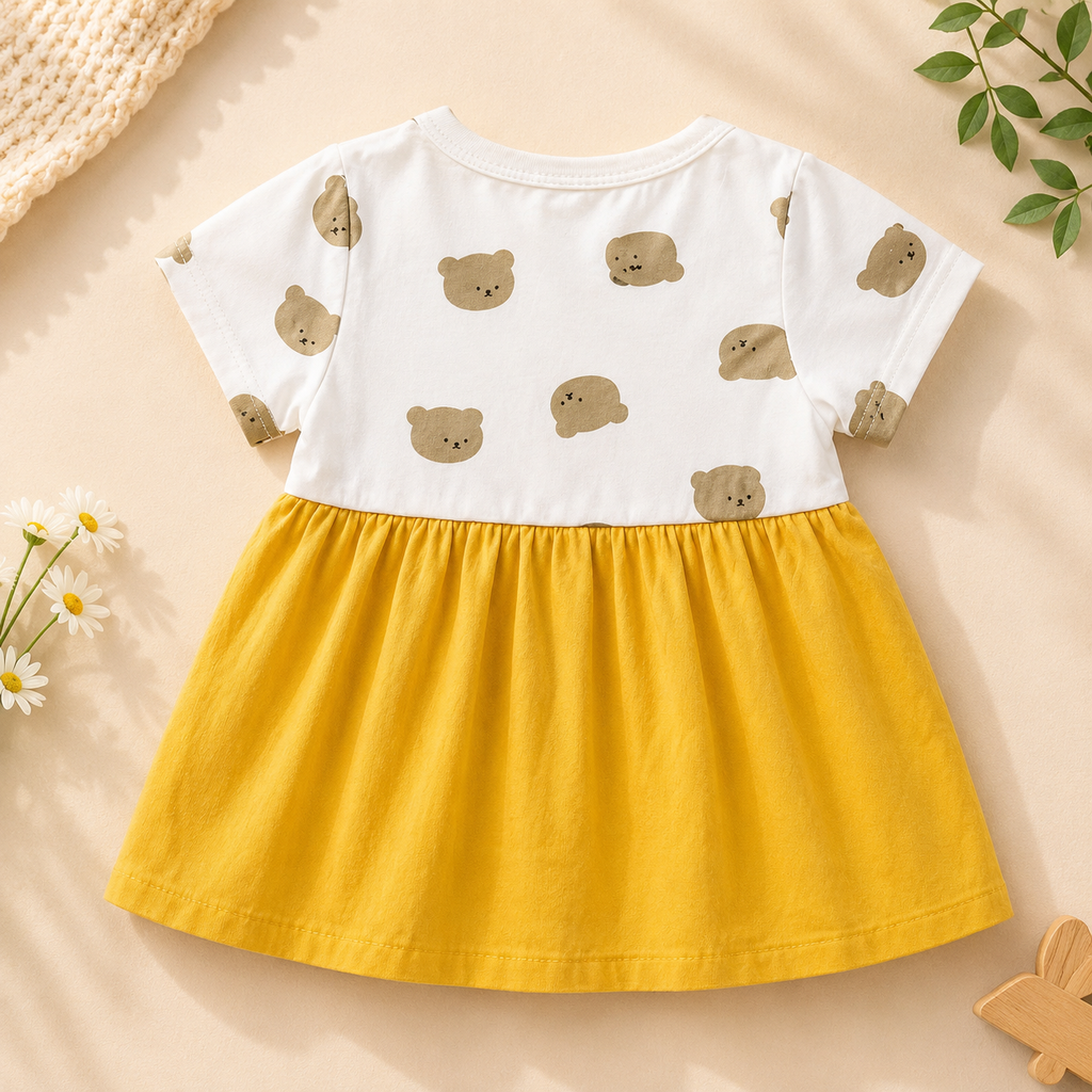Girls Bear Print T-Shirt & Yellow Dungaree Dress Set