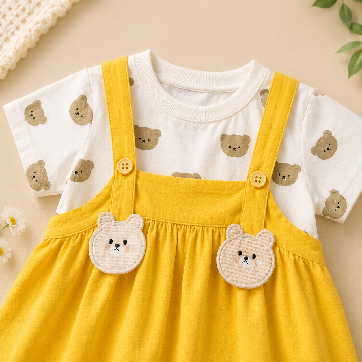 Girls Bear Print T-Shirt & Yellow Dungaree Dress Set