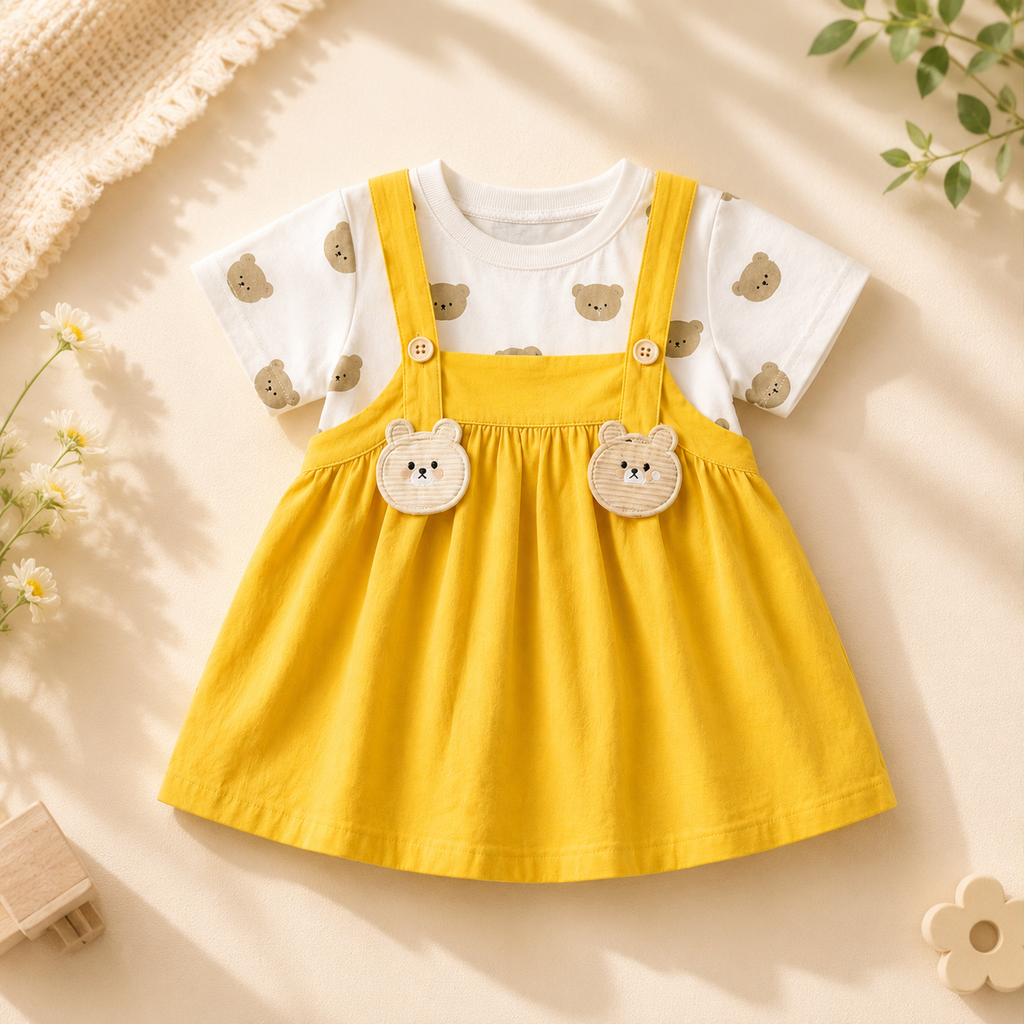 Girls Bear Print T-Shirt & Yellow Dungaree Dress Set