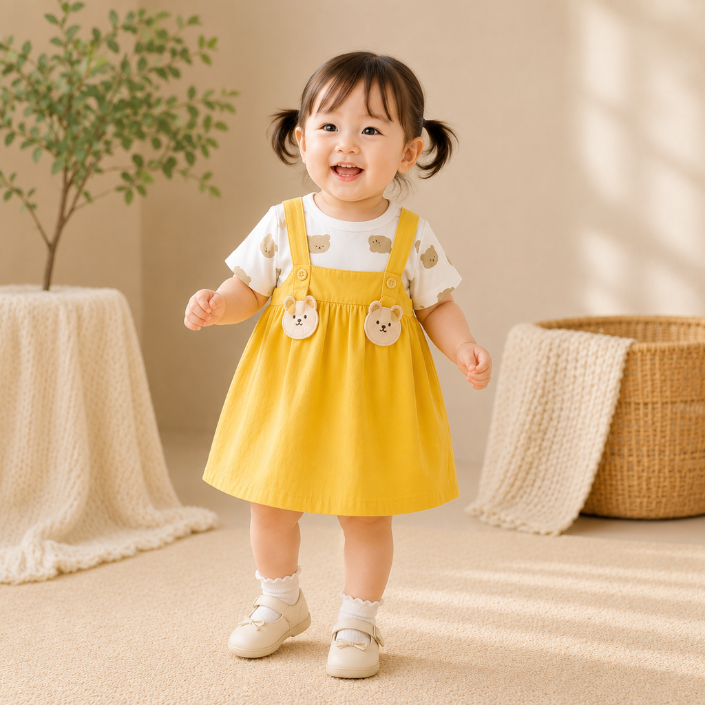 Girls Bear Print T-Shirt & Yellow Dungaree Dress Set