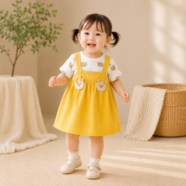 Girls Bear Print T-Shirt & Yellow Dungaree Dress Set