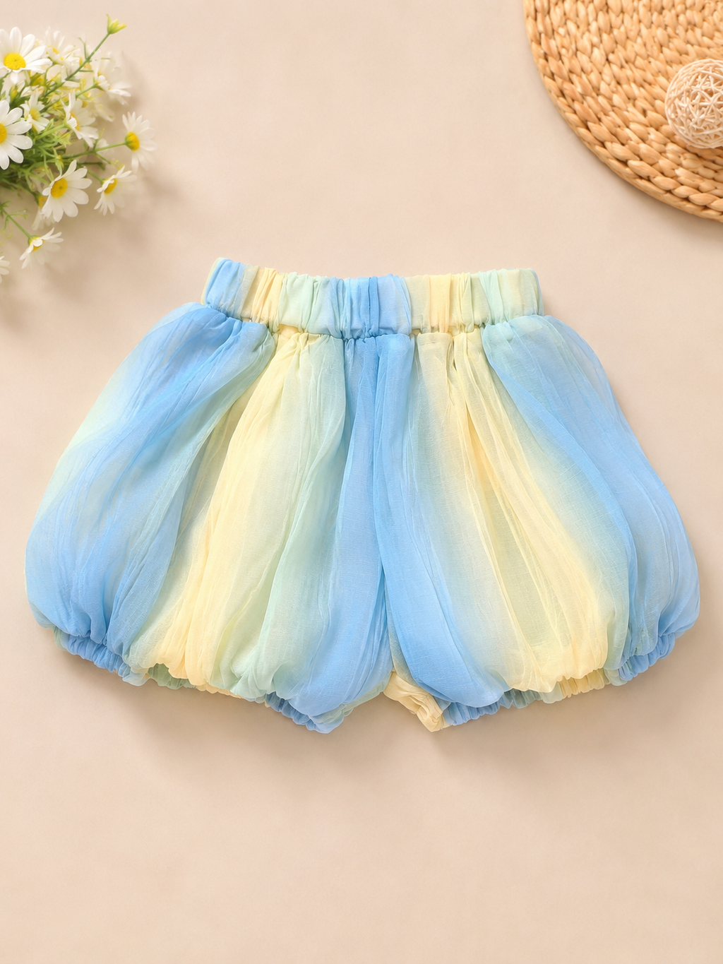 Girls Rainbow Ombre Chiffon Top & Bubble Shorts Set with Blue Tulip