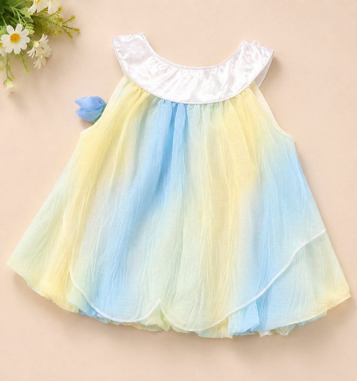 Girls Rainbow Ombre Chiffon Top & Bubble Shorts Set with Blue Tulip