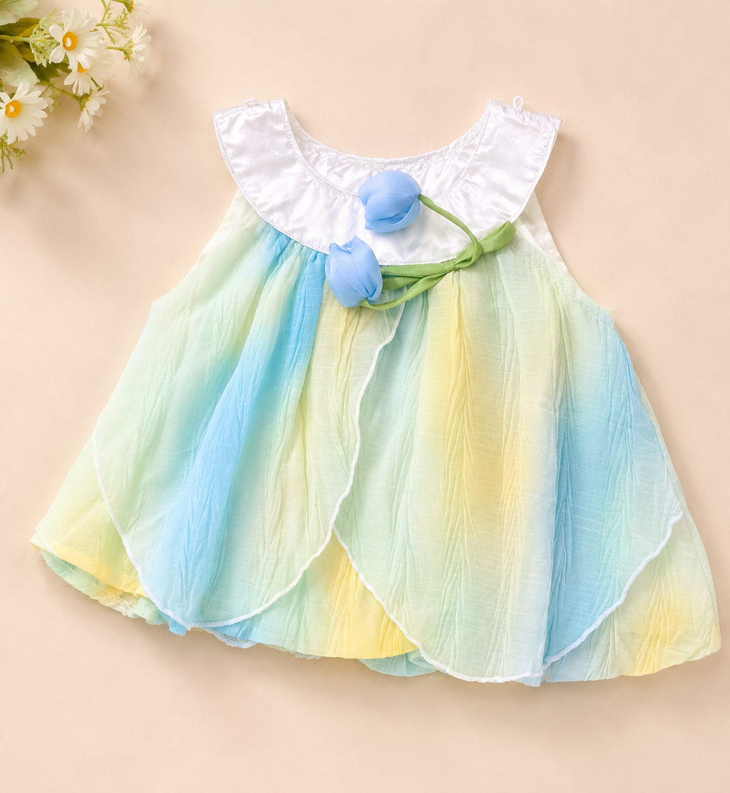 Girls Rainbow Ombre Chiffon Top & Bubble Shorts Set with Blue Tulip