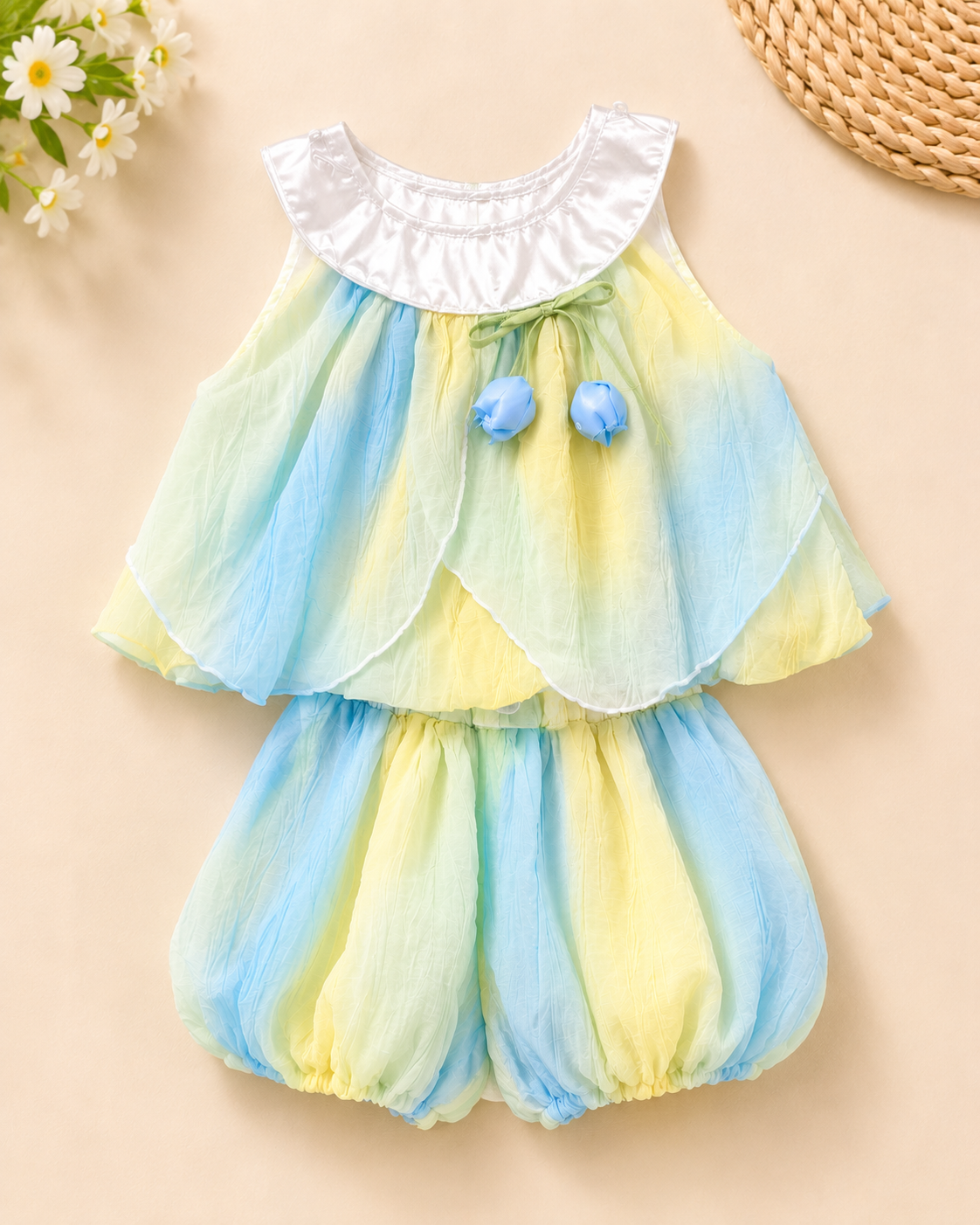 Girls Rainbow Ombre Chiffon Top & Bubble Shorts Set with Blue Tulip