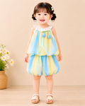 Girls Rainbow Ombre Chiffon Top & Bubble Shorts Set with Blue Tulip