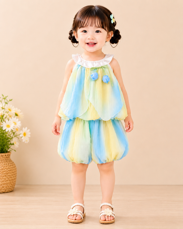 Girls Rainbow Ombre Chiffon Top & Bubble Shorts Set with Blue Tulip