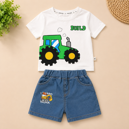 Boys Build Tractor T-Shirt & Hard Work Denim Shorts Set