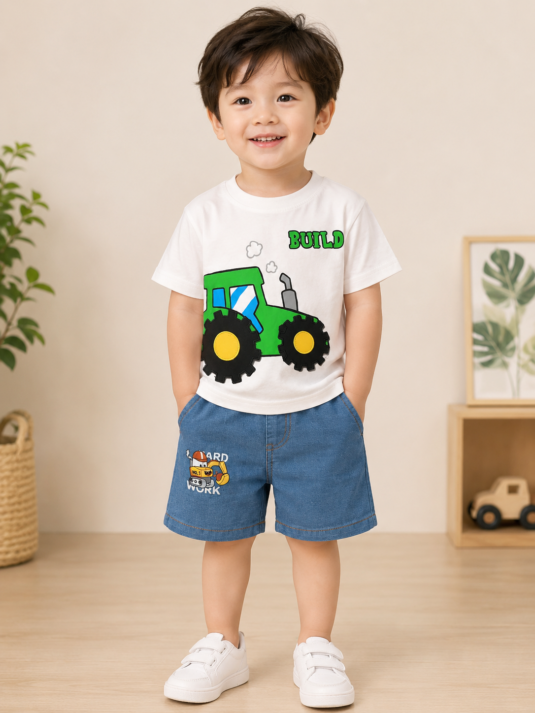 Boys Build Tractor T-Shirt & Hard Work Denim Shorts Set