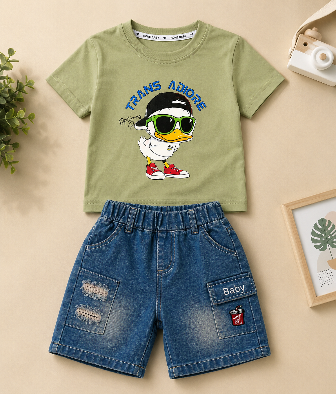 Boys Cool Duck Sage Green T-Shirt & Ripped Cargo Denim Shorts Set