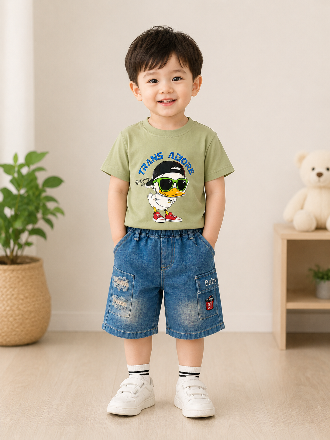 Boys Cool Duck Sage Green T-Shirt & Ripped Cargo Denim Shorts Set