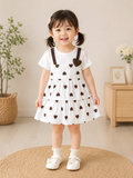 Girls White Heart Print Tiered Dress with 3D Heart Appliqué
