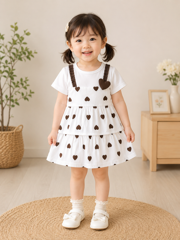 Girls White Heart Print Tiered Dress with 3D Heart Appliqué
