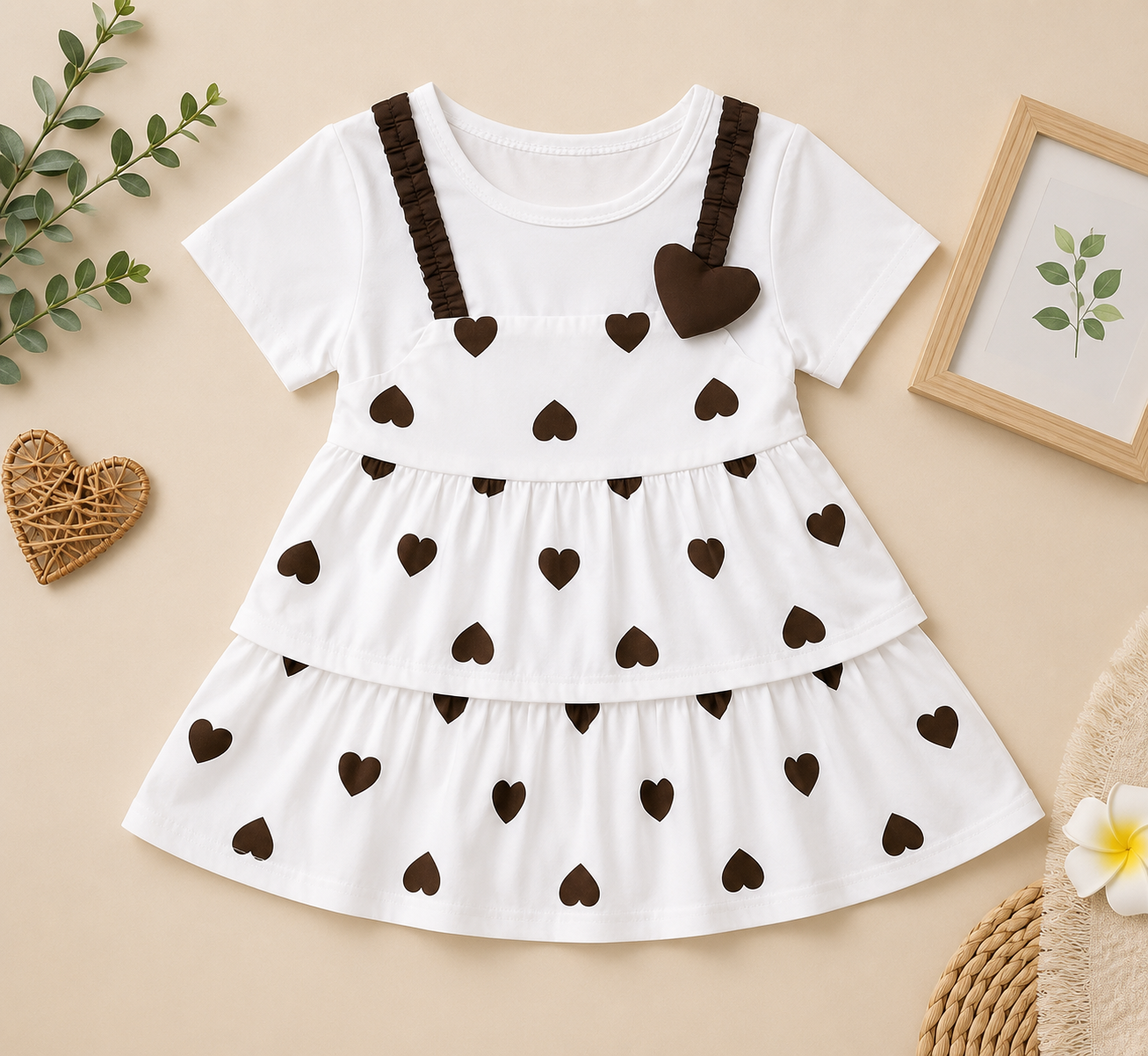 Girls White Heart Print Tiered Dress with 3D Heart Appliqué