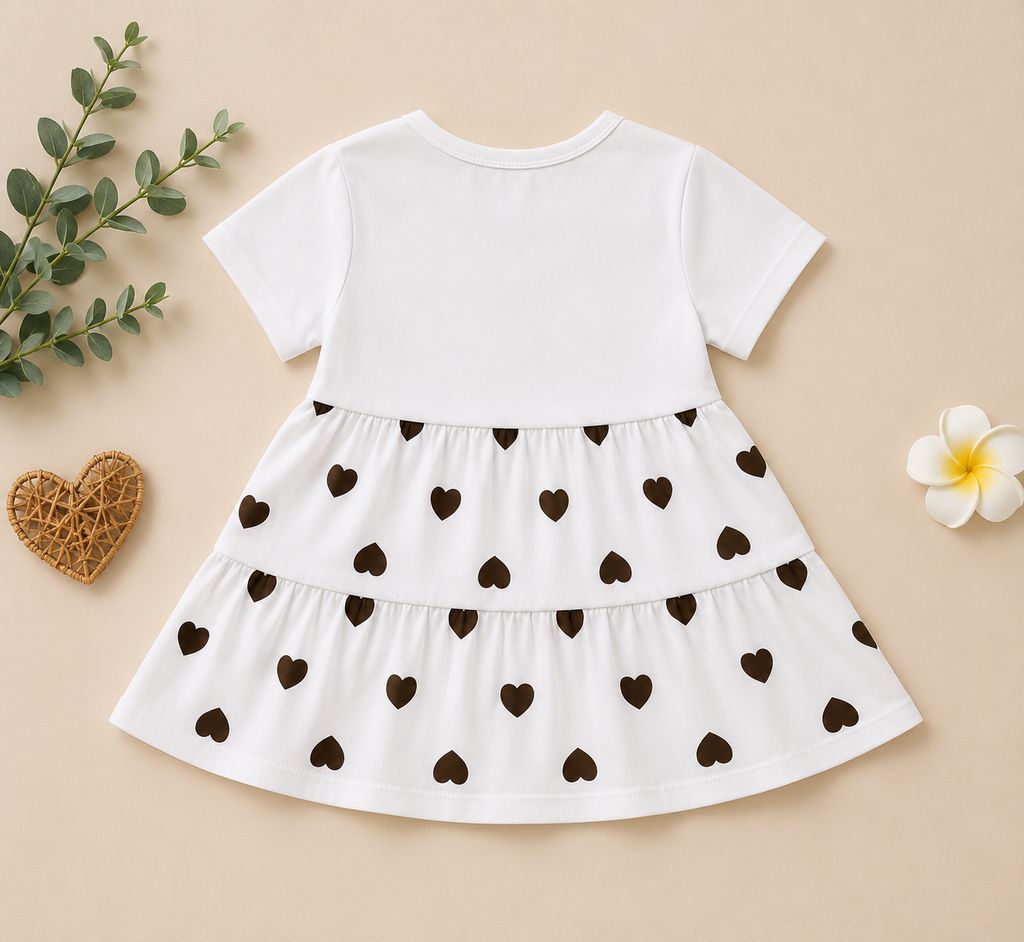Girls White Heart Print Tiered Dress with 3D Heart Appliqué