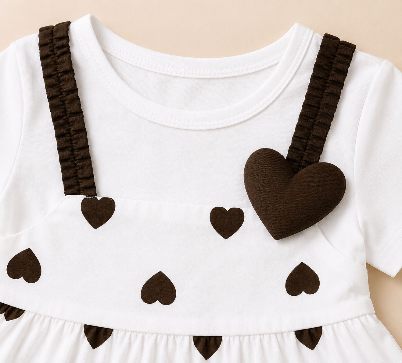 Girls White Heart Print Tiered Dress with 3D Heart Appliqué