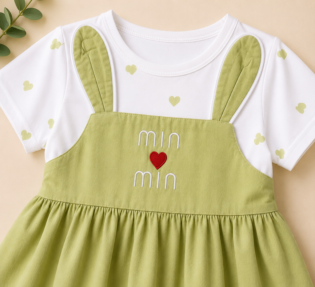 Girls Sage Green Min Min Bunny Ear Dress with Heart Print Top