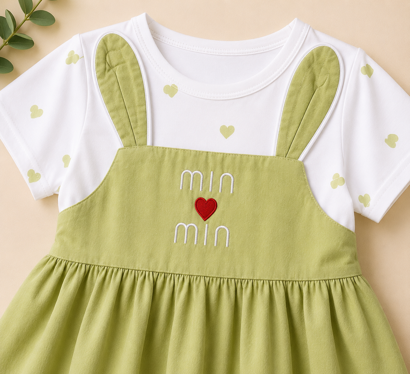 Girls Sage Green Min Min Bunny Ear Dress with Heart Print Top